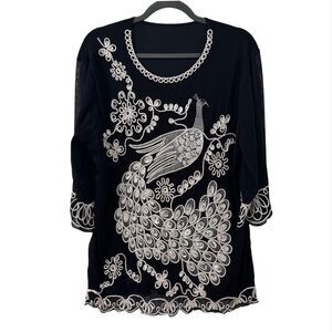 Womens Embroidered Peacock Black Sequin Peacock Blouse Small Maximalist Glam Art
